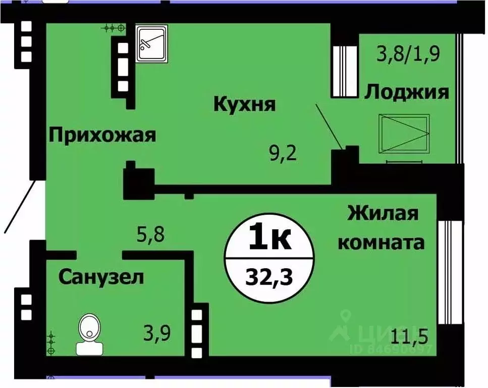 1-к кв. Красноярский край, Красноярск Лесопарковая ул., 43 (32.5 м) - Фото 0