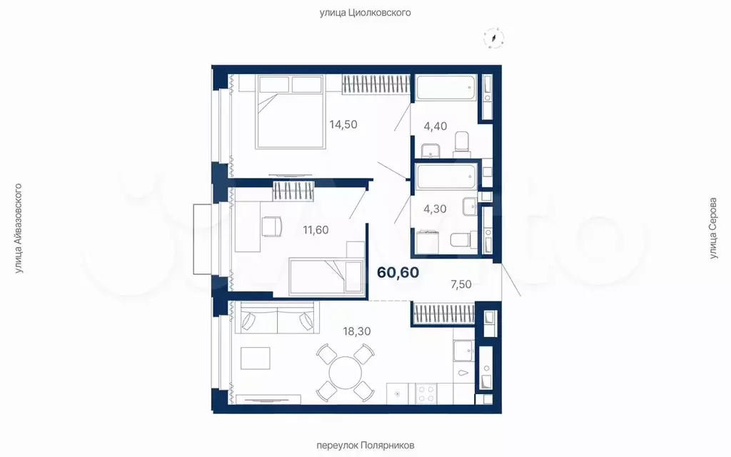 2-к. квартира, 60,6 м, 24/29 эт. - Фото 0