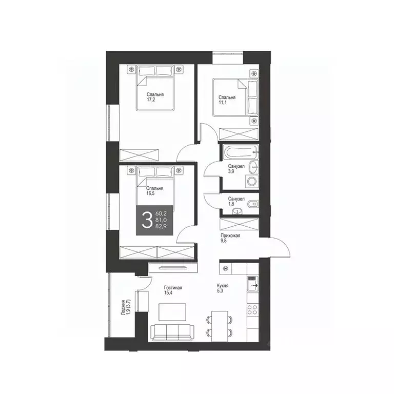 3-к кв. Татарстан, Альметьевск ул. Гафиатуллина, 60 (82.9 м) - Фото 0