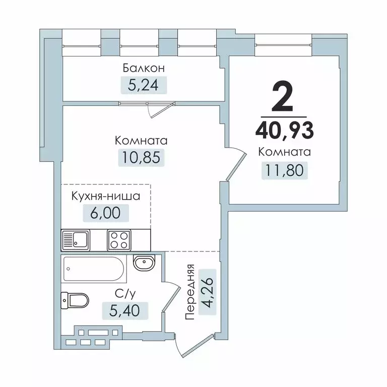 2-комнатная квартира: Челябинск, улица Крылова, 1 (40.93 м) - Фото 0