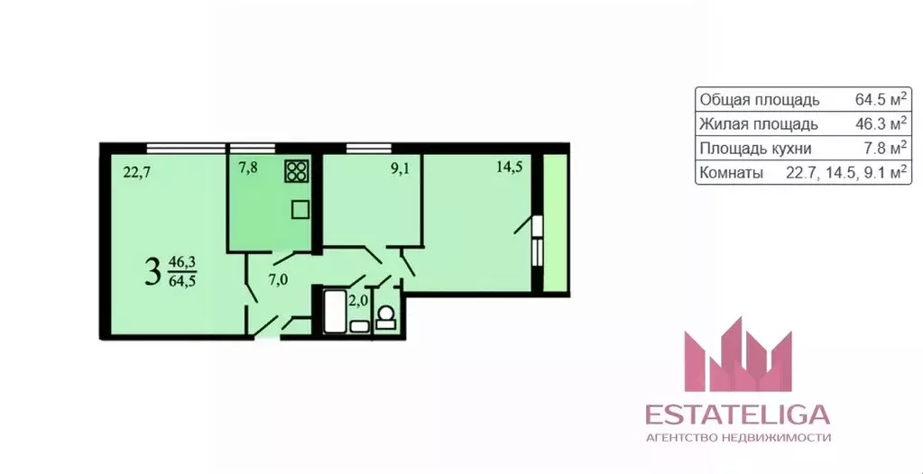 3-к кв. Москва ул. Обручева, 65/54 (64.4 м) - Фото 1