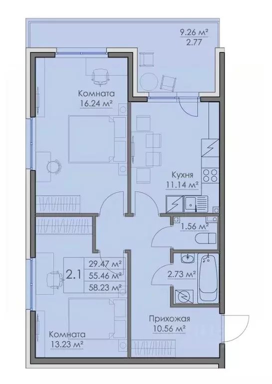 2-к кв. Ленинградская область, Выборг проезд Рельефный, 4 (58.23 м) - Фото 1