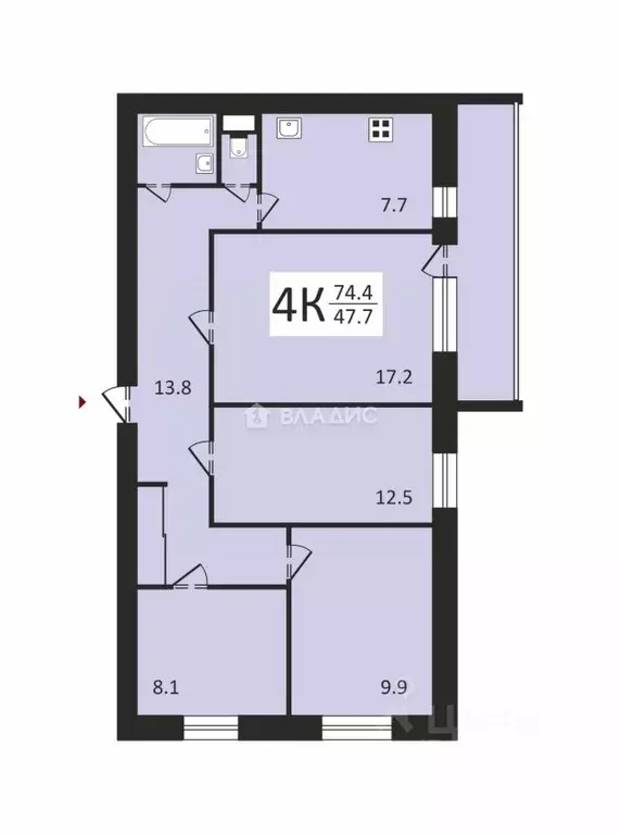 4-к кв. Вологодская область, Вологда ул. Южакова, 13 (74.4 м) - Фото 1