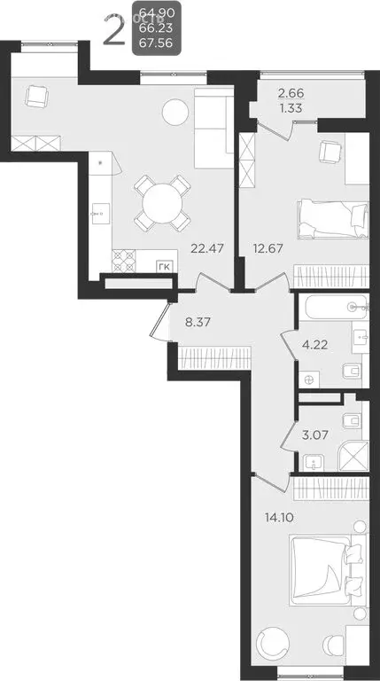 Квартира-студия: Калининград, улица Старшины Дадаева, 55к1 (66.59 м) - Фото 1