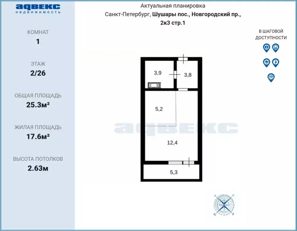 Студия Санкт-Петербург пос. Шушары, просп. Новгородский, 2к3 (25.3 м) - Фото 2