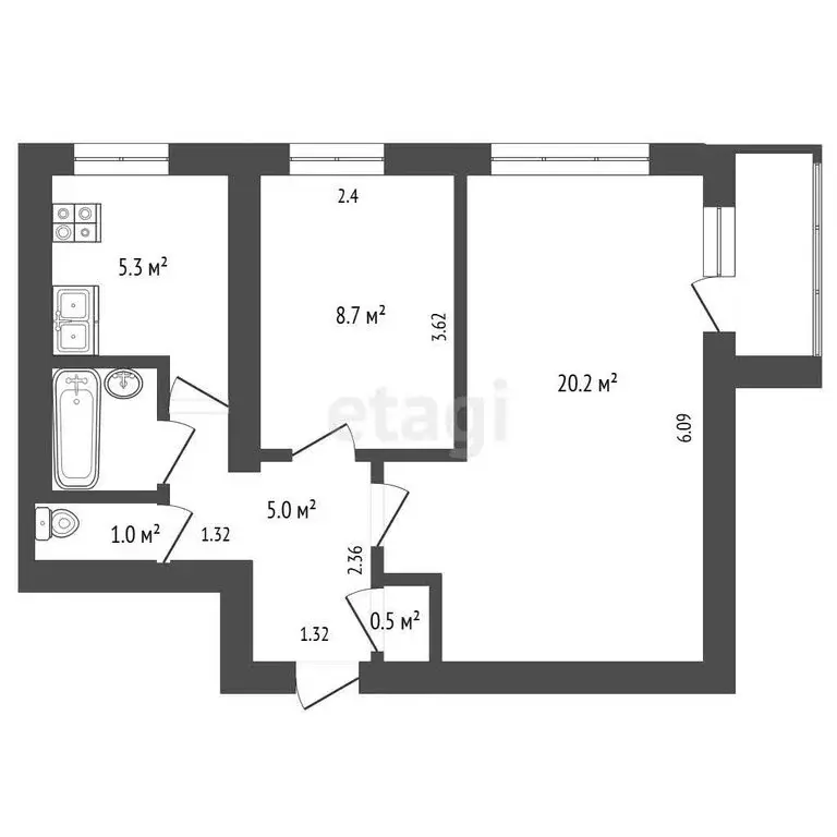 2-комнатная квартира: Альметьевск, улица Нефтяников, 25 (42.8 м) - Фото 1