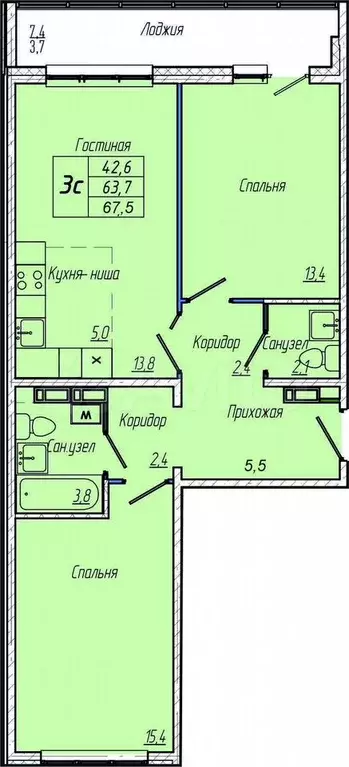 2-к. квартира, 67,5 м, 11/17 эт. - Фото 0