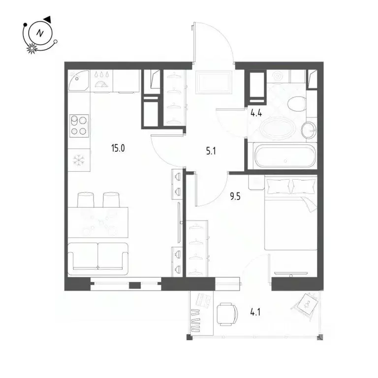 Квартира, 1 комната, 35.1 м - Фото 1