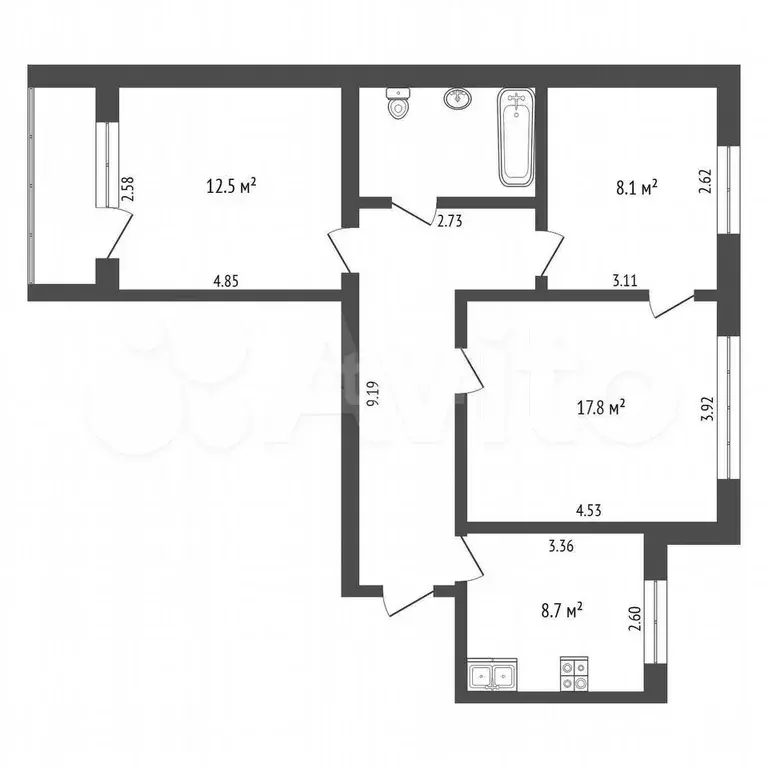 3-к. квартира, 60,6 м, 5/9 эт. - Фото 1
