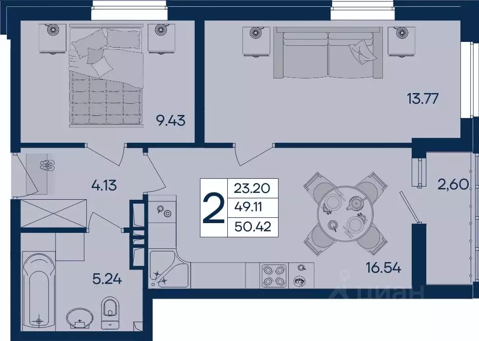 2-к кв. Краснодарский край, Краснодар  (50.42 м) - Фото 1