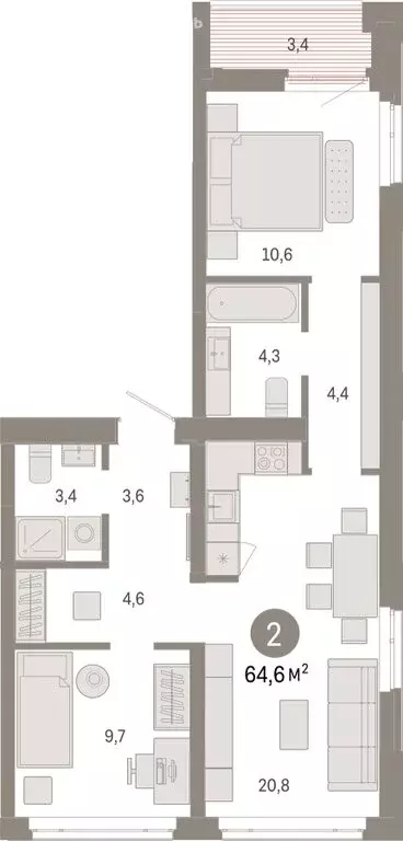 2-комнатная квартира: Тюмень, Ленинский округ (64.6 м) - Фото 1