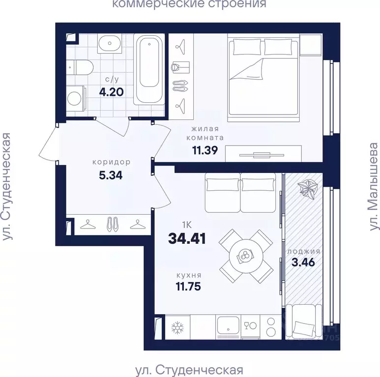 1-к кв. Свердловская область, Екатеринбург ул. Малышева, 145/4 (34.41 ... - Фото 2