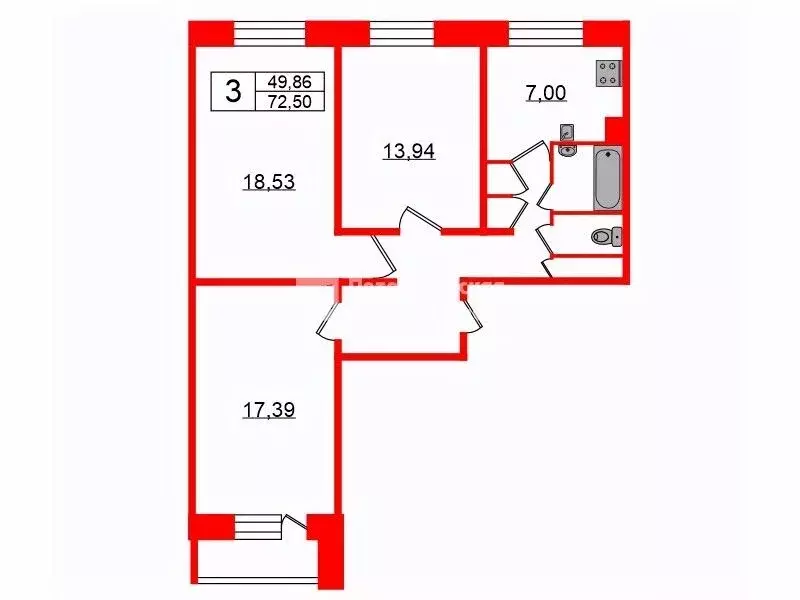 3-к кв. Санкт-Петербург ул. Антонова-Овсеенко, 21 (72.5 м) - Фото 1