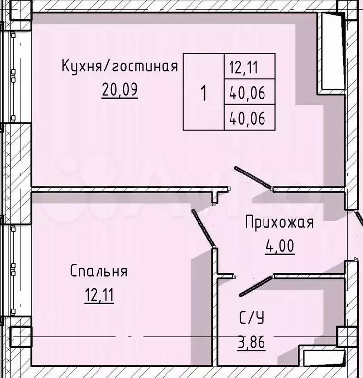 1-к. квартира, 40,1 м, 5/9 эт. - Фото 1