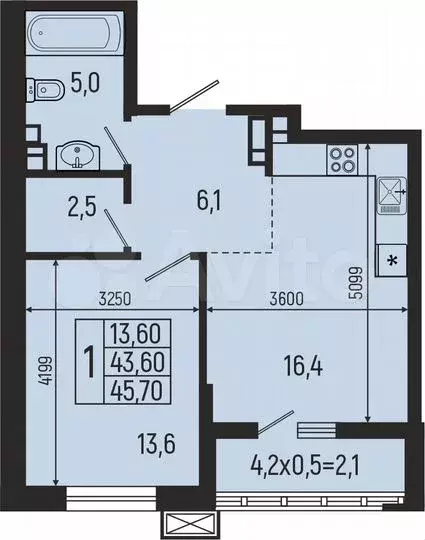 1-к. квартира, 45,7м, 3/7эт. - Фото 1