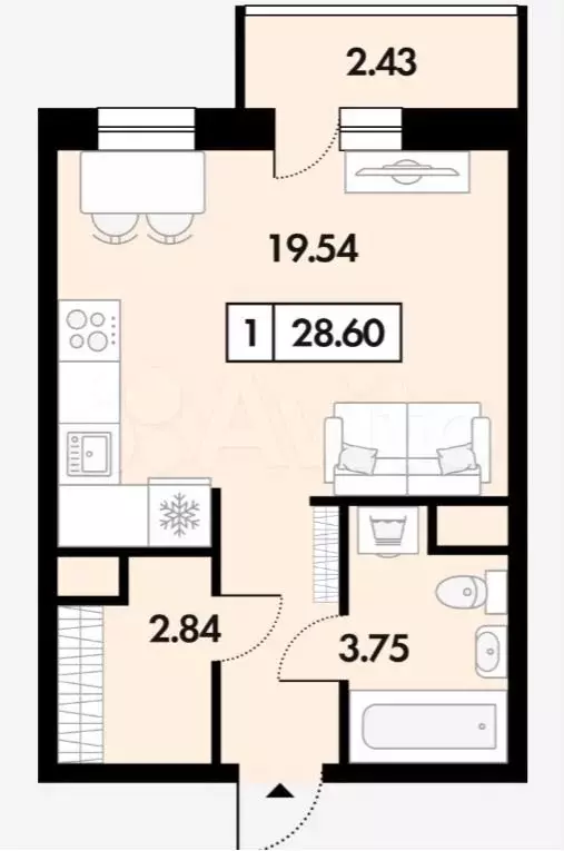 Квартира-студия, 28,6 м, 5/7 эт. - Фото 0