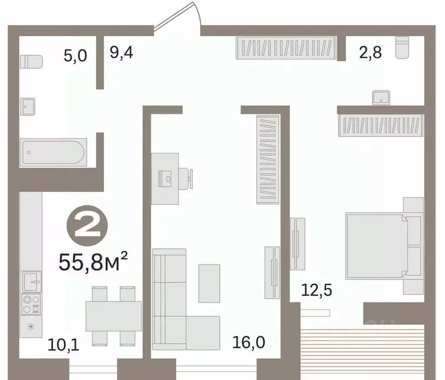2-к кв. Тюменская область, Тюмень ул. Ветеранов Труда, 9Ак3 (55.8 м) - Фото 2