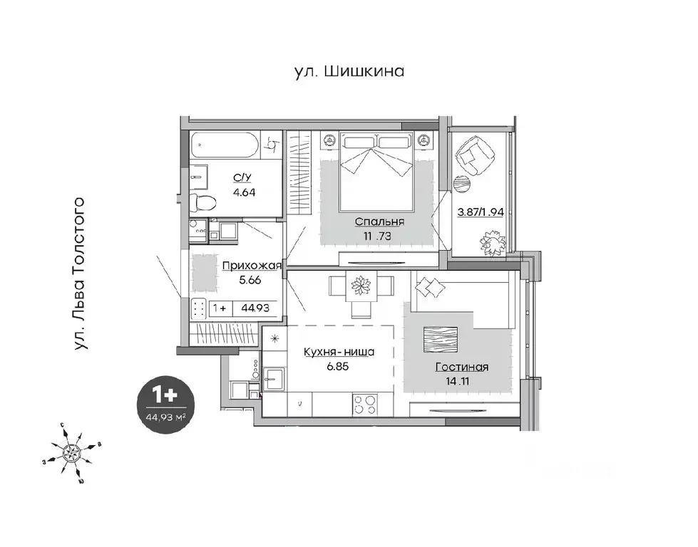 1-к кв. Удмуртия, Ижевск ул. Шишкина, 20к1 (44.93 м) - Фото 0