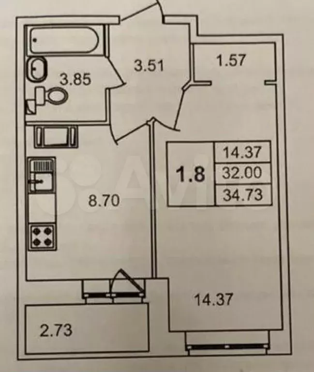 1-к. квартира, 35 м, 4/17 эт. - Фото 0