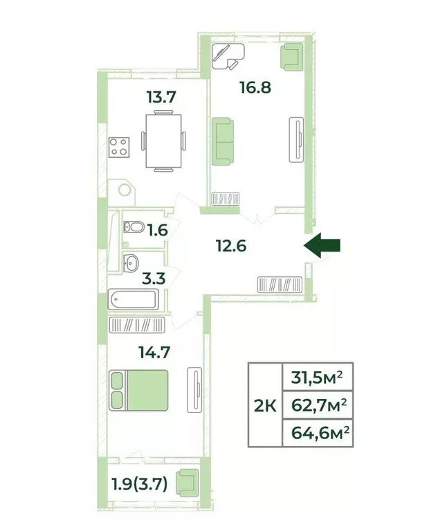 2-к кв. Крым, Симферопольский район, с. Мирное, Жигулина Роща мкр  ... - Фото 1