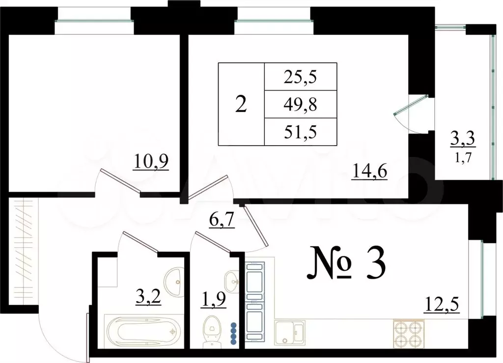 2-к. квартира, 51,5 м, 1/8 эт. - Фото 0