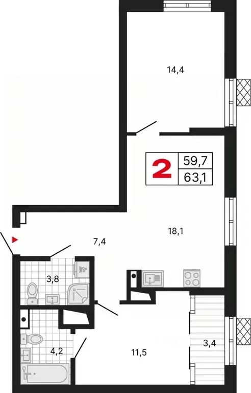 2-к кв. Свердловская область, Екатеринбург ул. Шаумяна, 11 (63.17 м) - Фото 1