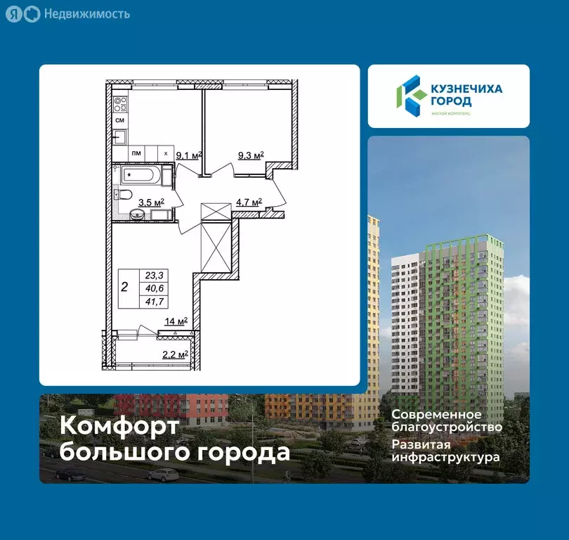 2-комнатная квартира: Нижний Новгород, ЖК Кузнечиха Город, 13 (41.7 м) - Фото 1