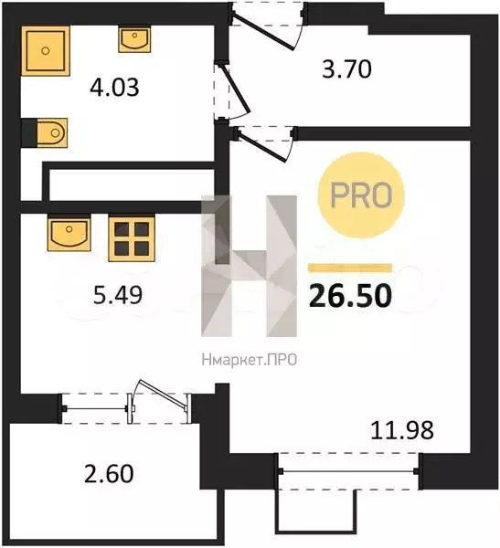 Квартира-студия, 26,5 м, 2/6 эт. - Фото 1