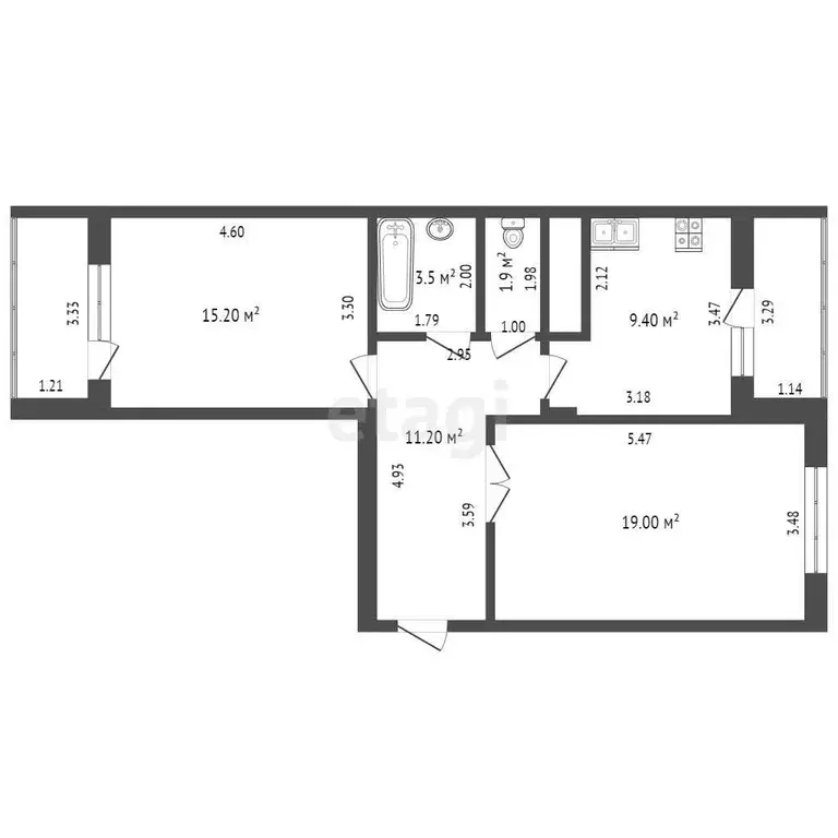 Квартира, 2 комнаты, 60.4 м - Фото 1