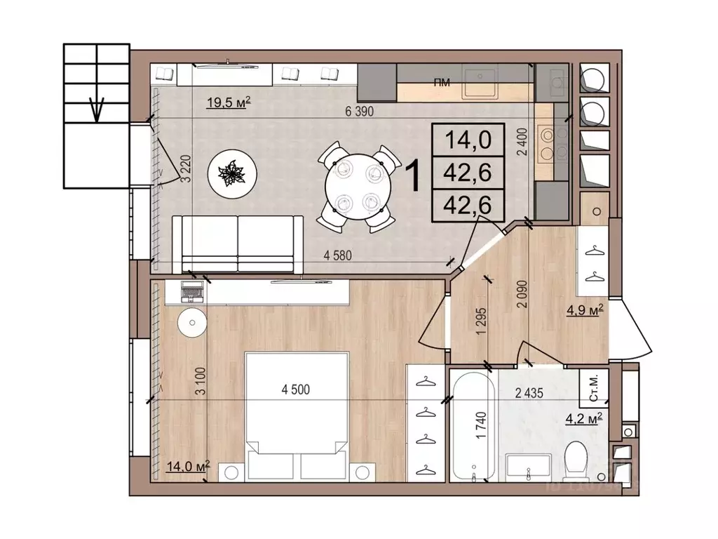1-к кв. Рязанская область, Рязань Медицинская ул., 3 (42.6 м) - Фото 1