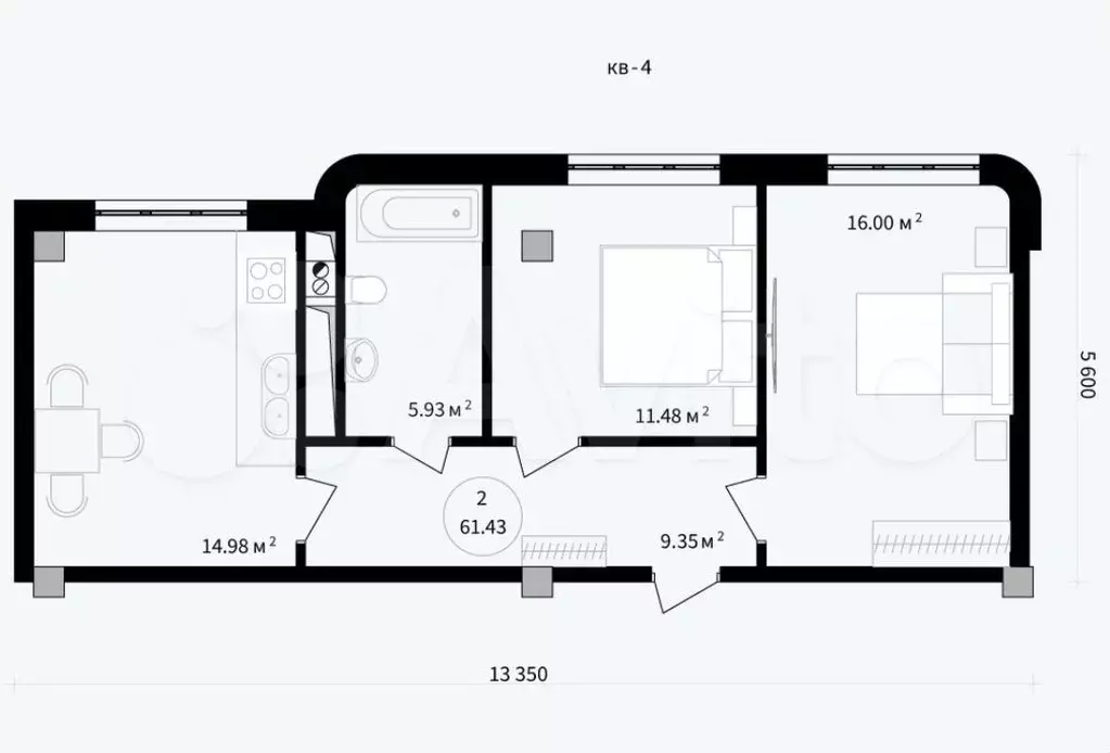 2-к. квартира, 61 м, 8/11 эт. - Фото 0