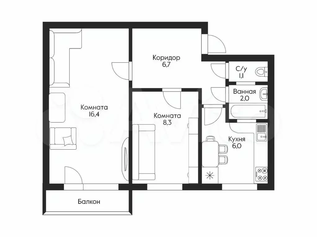 2-к. квартира, 43 м, 2/5 эт. - Фото 0