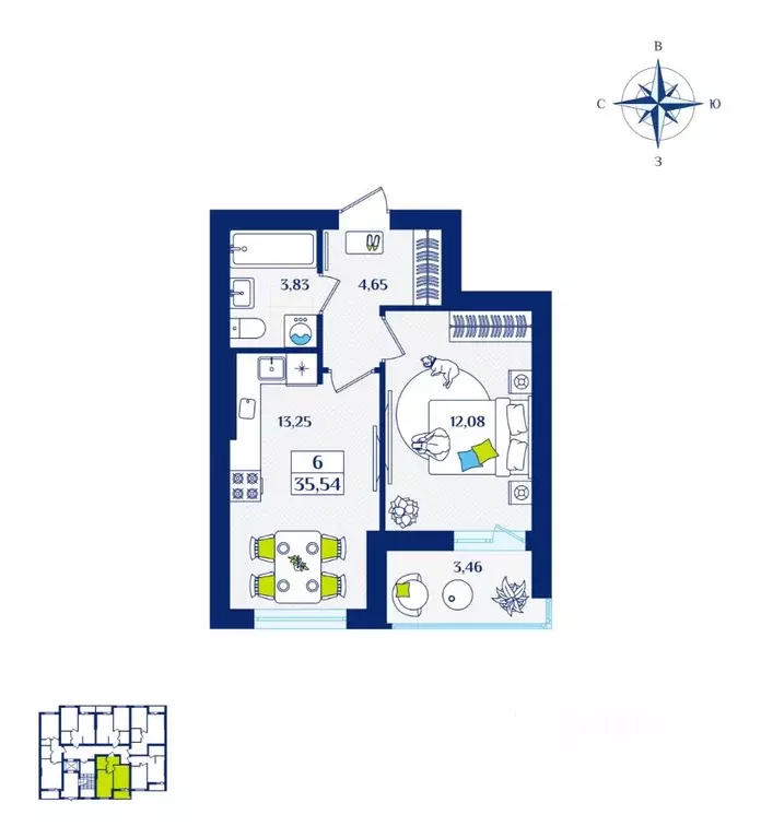 1-к кв. Калининградская область, Зеленоградск  (35.54 м) - Фото 1