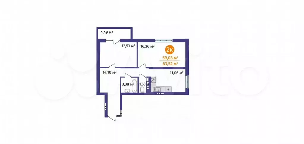 2-к. квартира, 63,5 м, 8/9 эт. - Фото 1