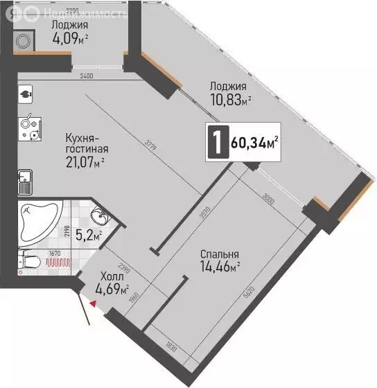 1-комнатная квартира: Рыбное, жилой комплекс Панорама (52.88 м) - Фото 1