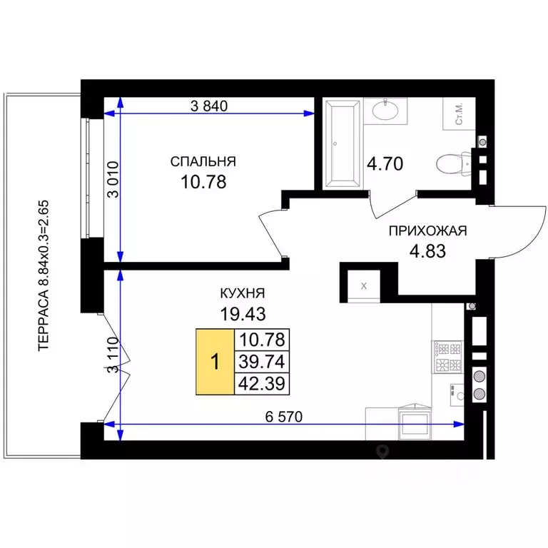 1-к кв. Калининградская область, Гурьевск Включи жилой комплекс (42.39 ... - Фото 0