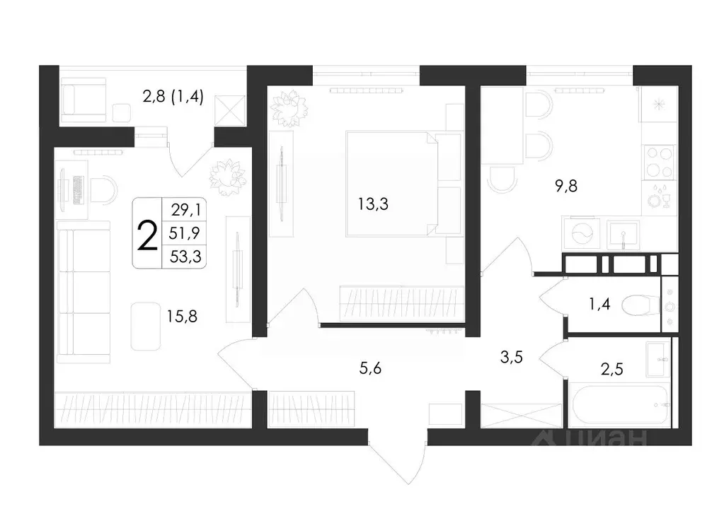 2-к кв. Воронежская область, Воронеж ул. Загоровского, 5/3 (53.3 м) - Фото 0