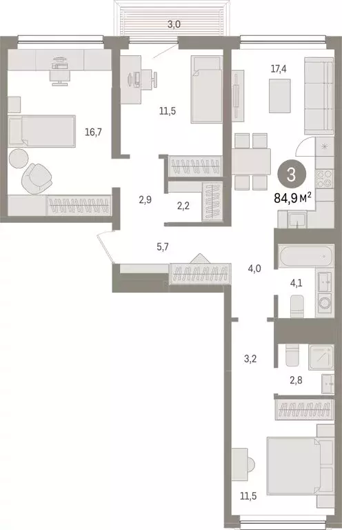 3-комнатная квартира: Тюмень, Мысовская улица, 26к1 (84.92 м) - Фото 1