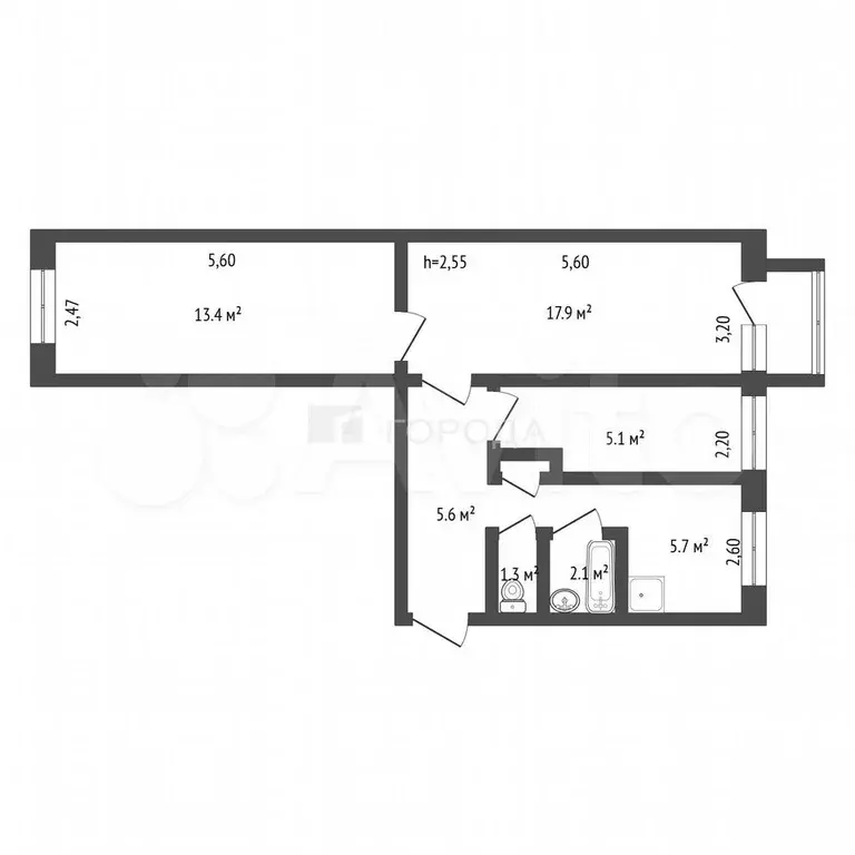 3-к. квартира, 55,5 м, 2/5 эт. - Фото 1