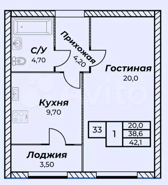 1-к. квартира, 42,1 м, 8/16 эт. - Фото 0