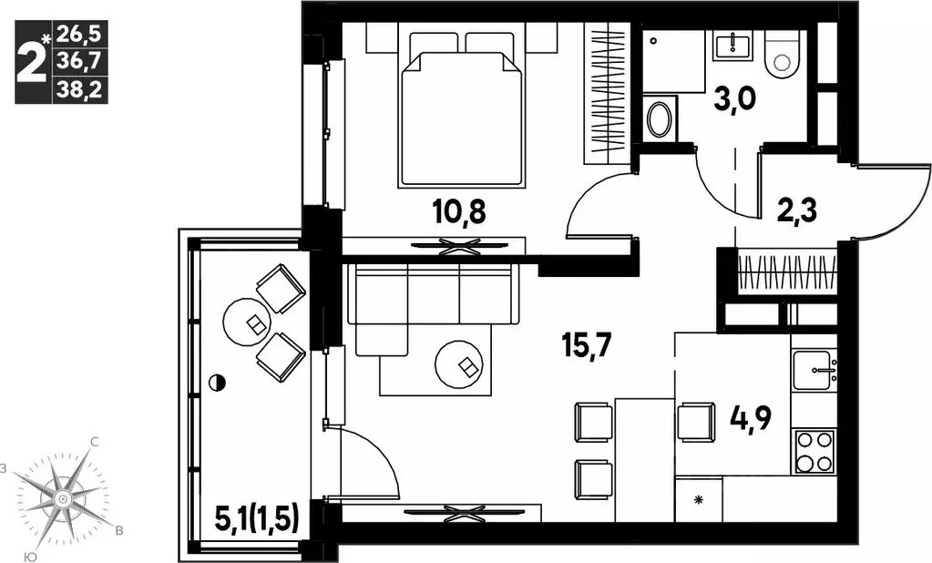 Студия Пермский край, д. Кондратово просп. Дягилева, 2 (38.2 м) - Фото 1
