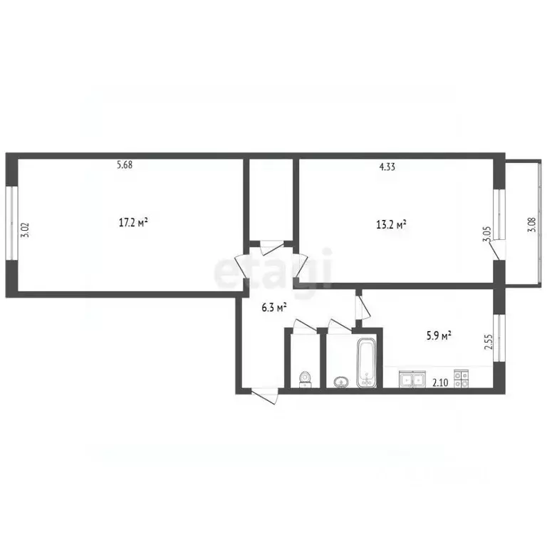 2-к кв. Омская область, Омск Крыловская ул., 54А (48.2 м) - Фото 1