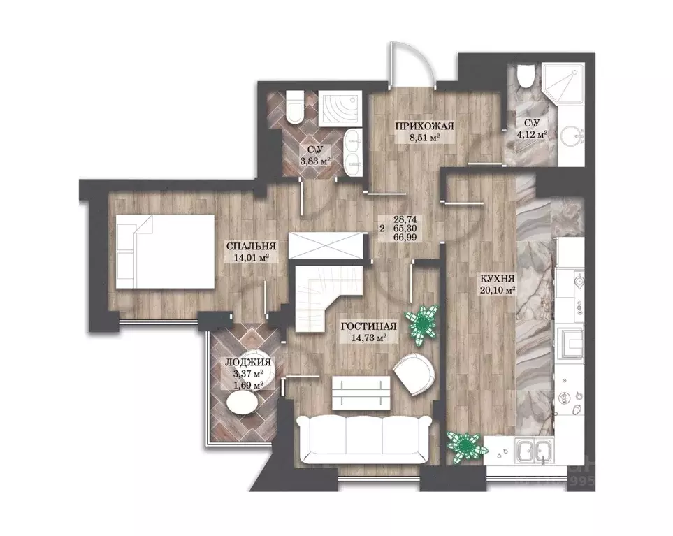 2-к кв. Ивановская область, Иваново просп. Ленина, 55В (66.99 м) - Фото 1