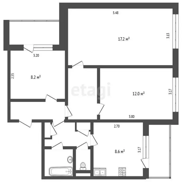 3-комнатная квартира: Белгород, улица Губкина, 39 (63.2 м) - Фото 1
