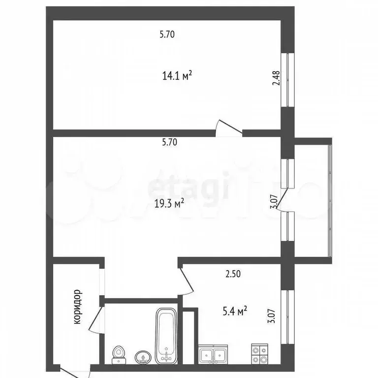 2-к. квартира, 44,6 м, 1/5 эт. - Фото 0