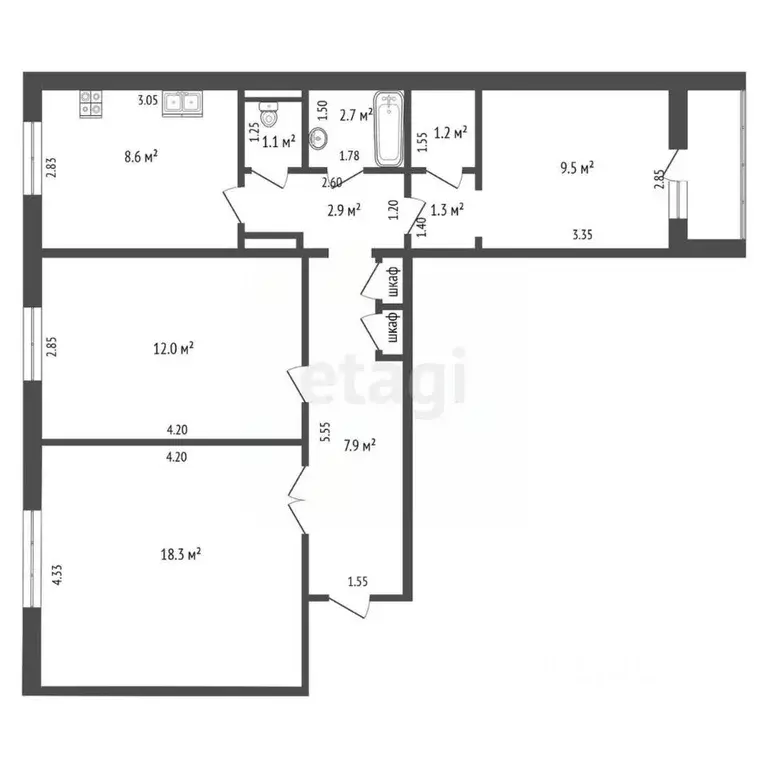 3-к кв. Кемеровская область, Междуреченск Октябрьская ул., 21 (66.1 м) - Фото 1