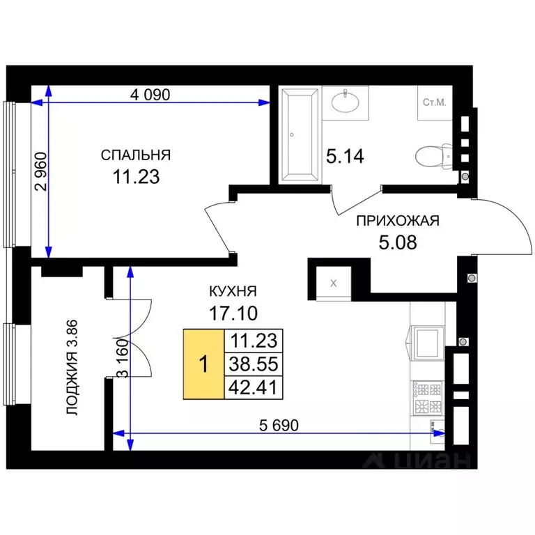 1-к кв. Калининградская область, Гурьевск Включи жилой комплекс (42.41 ... - Фото 0
