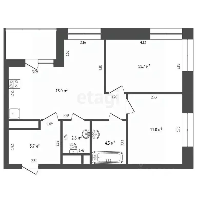 2-к кв. Ханты-Мансийский АО, Сургут ул. Ивана Захарова, 5/1 (54.8 м) - Фото 1