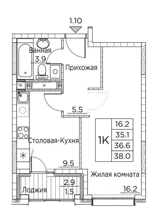 1-к кв. Приморский край, Владивосток ул. Расула Гамзатова, 7к2 (38.0 ... - Фото 0