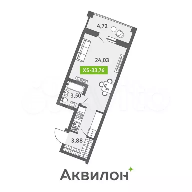 Квартира-студия, 33 м, 1/13 эт. - Фото 1